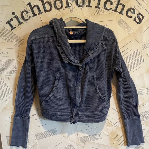 Free People One Mason Hoodie Zip Waffle Knit Slouchy Pockets Wash Dark Blue - Picture 1 of 5